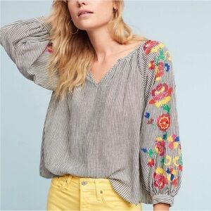 Anthropologie Floreat Embroidered Striped Tassel Blouse